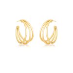 Brinco Semijoia Meia Argola Liso 3 Coluna Vazado Banho Ouro 18K