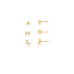 Brinco Semijoia Trio Zircônia Triangular Laço Lua 5/5/8mm Banho Ouro 18k